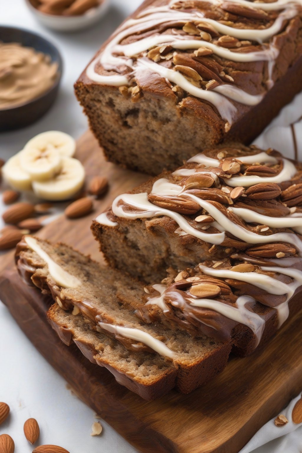 A close-up photo of almond butter swirl banana nut bread with visible creamy ribbons under soft lighting.