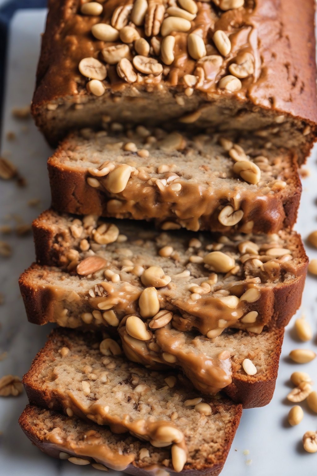A close-up photo of peanut butter crunch banana nut bread studded with peanuts under soft lighting.