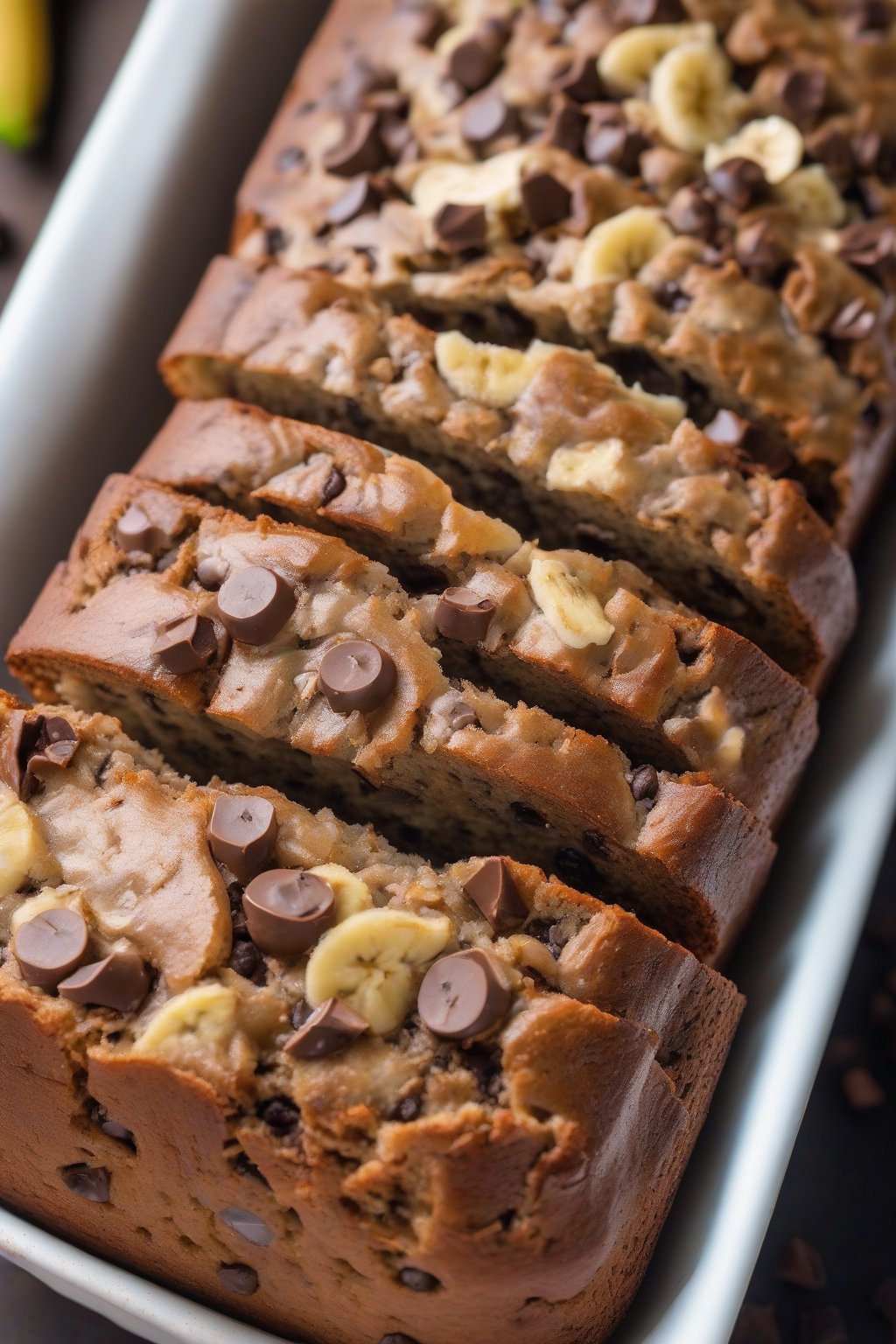 A close-up photo of hazelnut chocolate chip banana nut bread oozing melty chips under soft lighting.