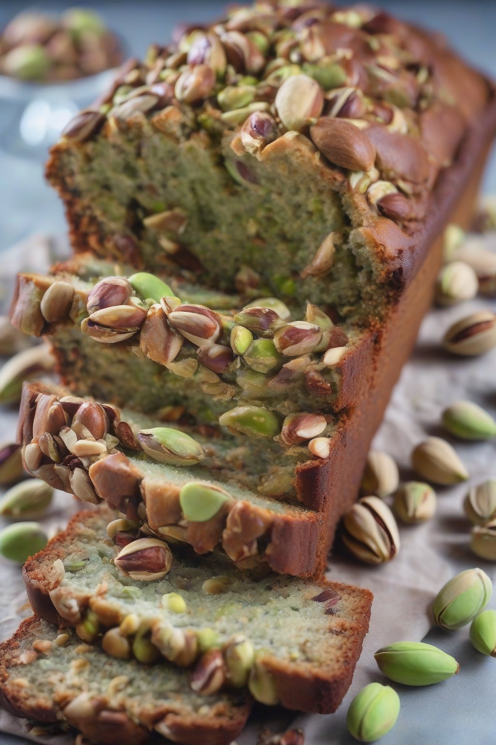 A close-up photo of pistachio rosewater banana nut bread with green nuts peeking through under soft lighting.