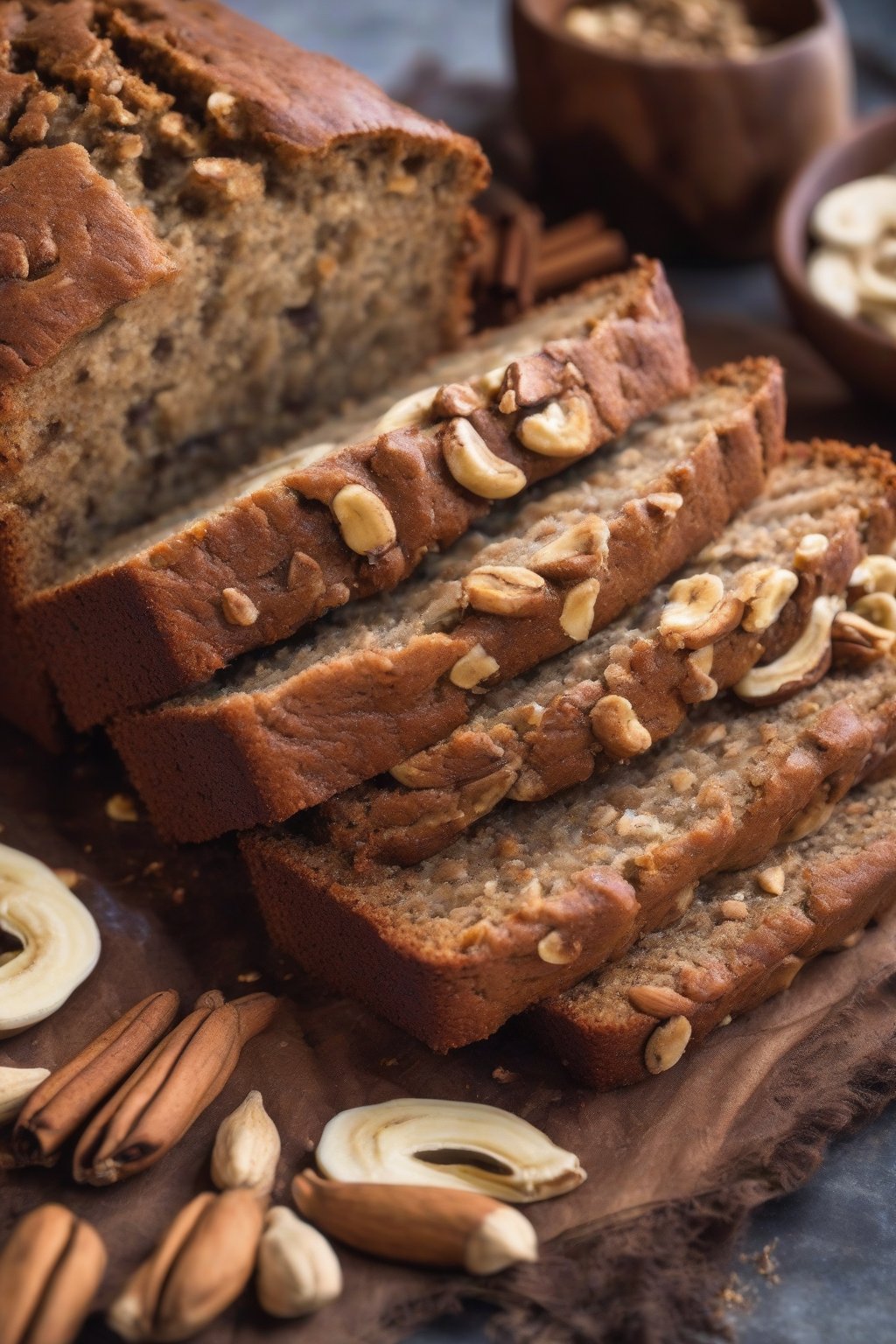 A close-up photo of cashew cinnamon banana nut bread dusted with spice under soft lighting.