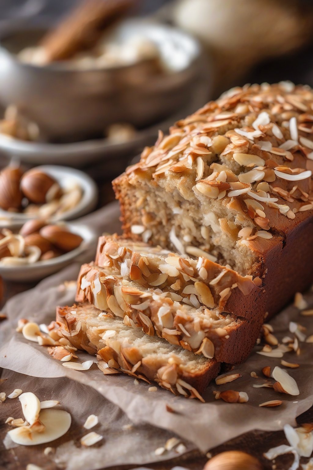 A close-up photo of macadamia coconut banana nut bread with toasted coconut flakes under soft lighting.