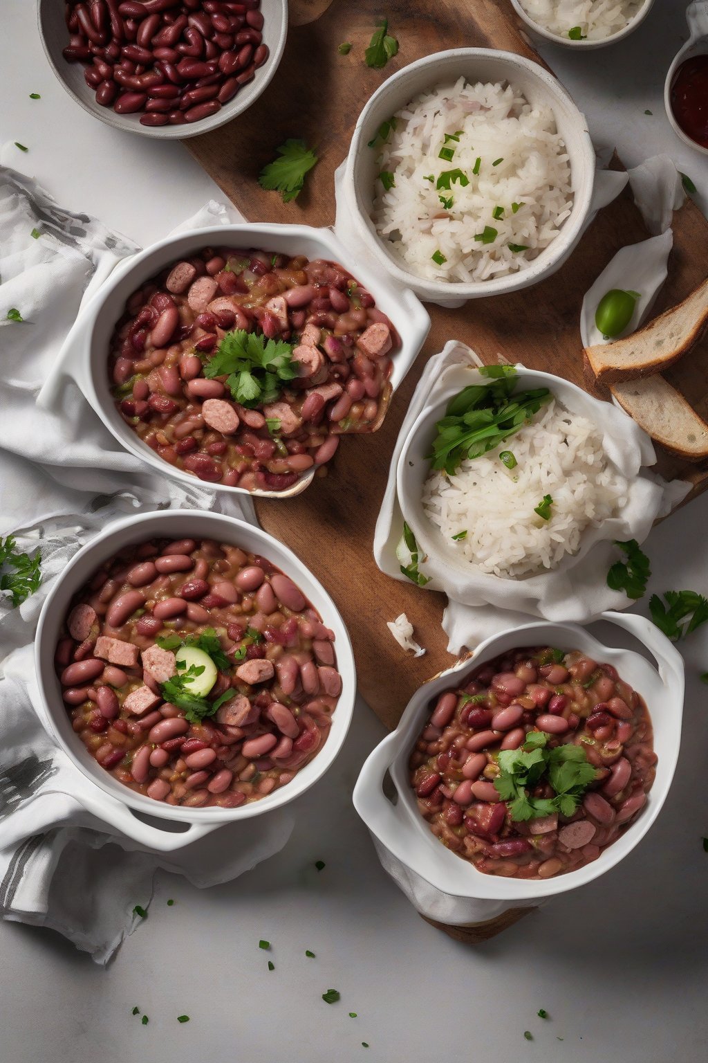 A high-resolution photo of turkey sausage red beans and rice in a white bowl, lean slices visible amid saucy beans, under soft lighting.