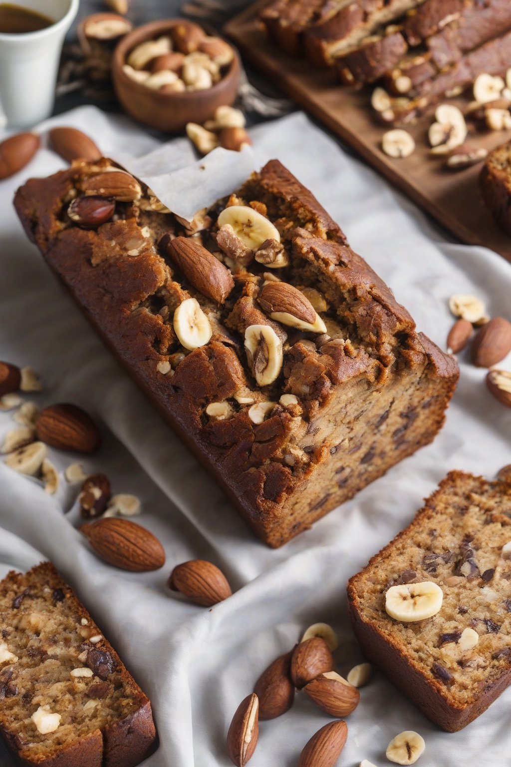A close-up photo of Brazil nut power banana nut bread loaded with large nut chunks under soft lighting.