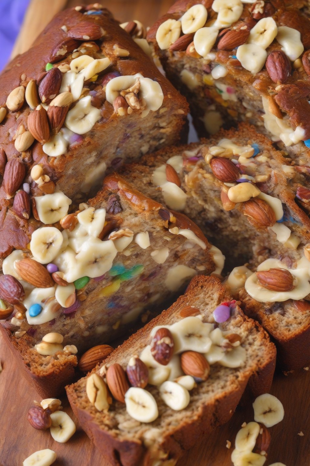 A close-up photo of mixed nut extravaganza banana nut bread showcasing a rainbow of nuts under soft lighting.