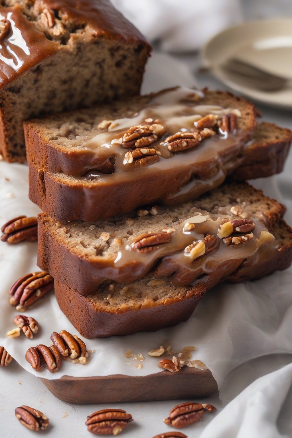 A close-up photo of toasted pecan maple banana nut bread with shiny glaze under soft lighting.