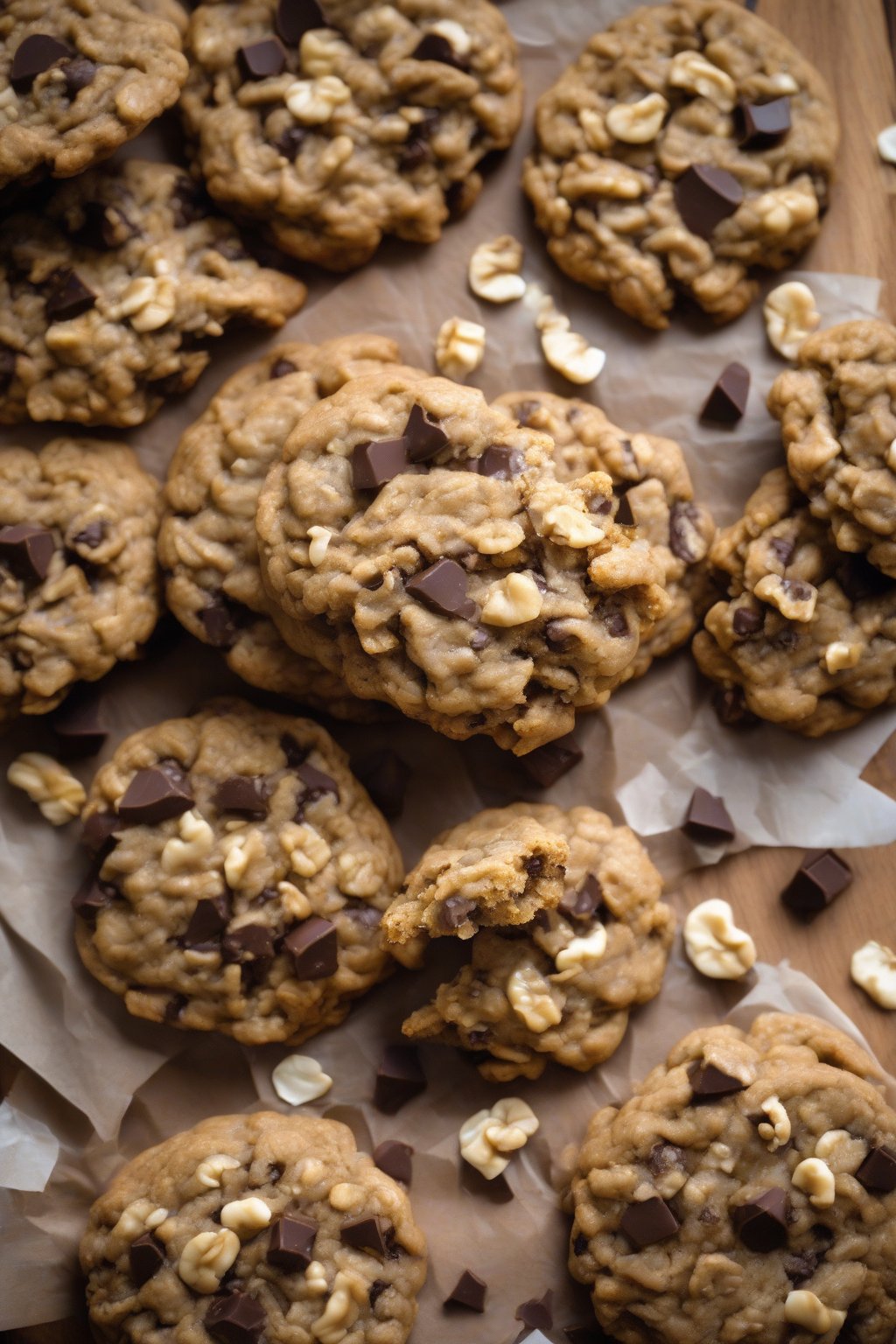 A high-resolution photo of golden Walnut Wonderland Oatmeal Chocolate Chip Cookies stacked on a wooden board, chunks of walnuts visible, under soft lighting.