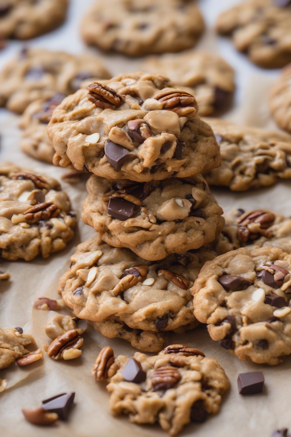 A close-up photo of chewy Peanut Butter Pecan Oatmeal Chocolate Chip Cookies with melty chips and pecan pieces, on parchment paper, under soft lighting.