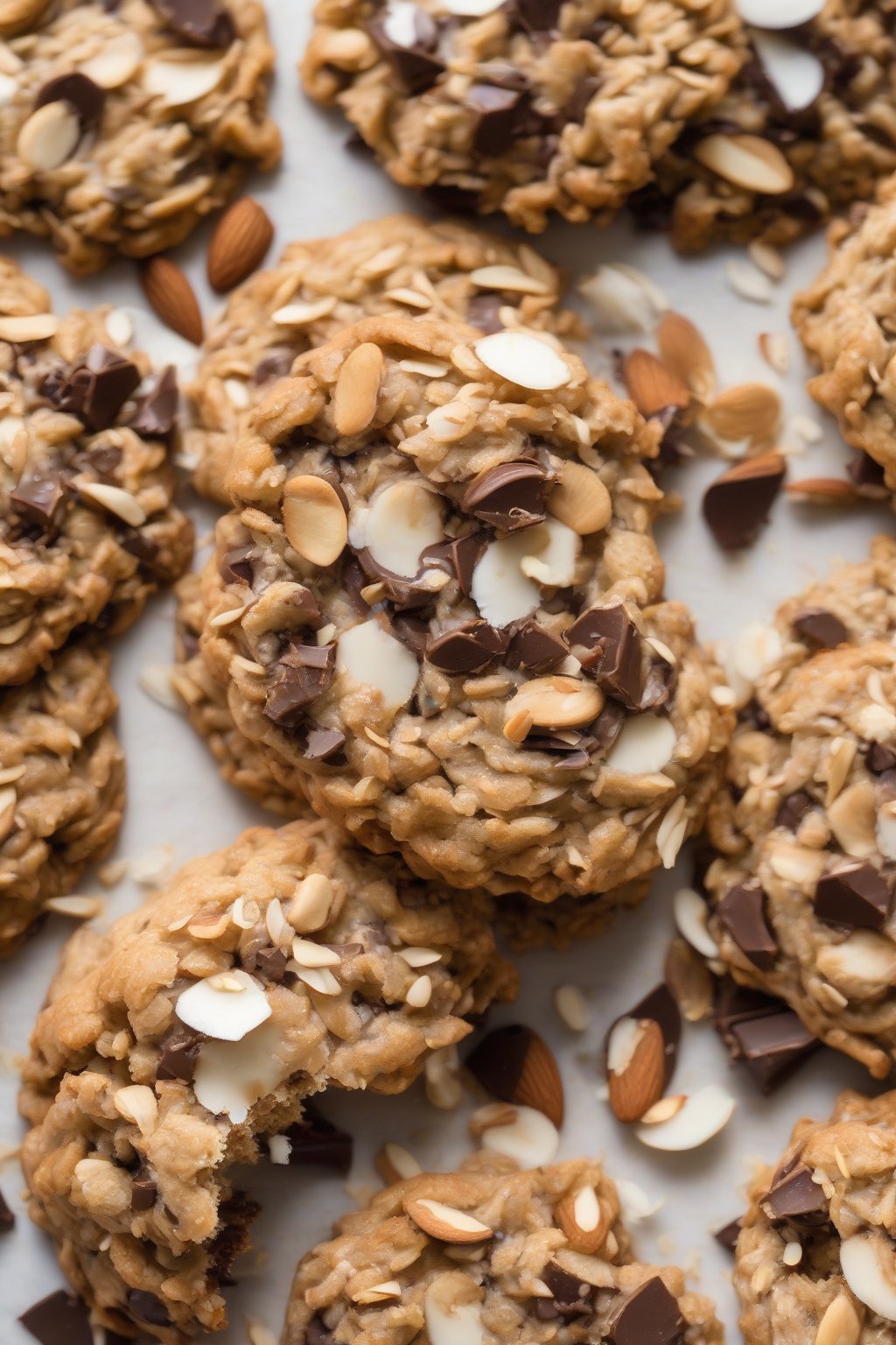 A high-resolution photo of Almond Joy-Inspired Oatmeal Chocolate Chip Cookies piled high, showing coconut shreds and almonds, under soft lighting.