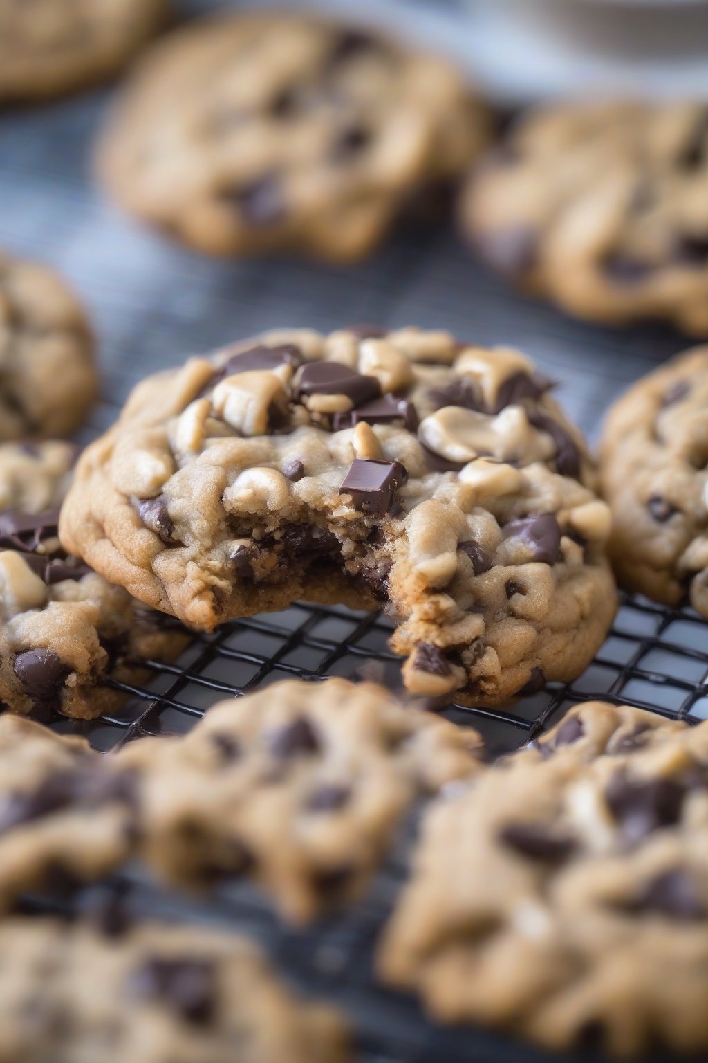 A close-up photo of Cashew Crunch Oatmeal Chocolate Chip Cookies with visible cashew chunks and gooey dark chocolate, on a cooling rack, under soft lighting.