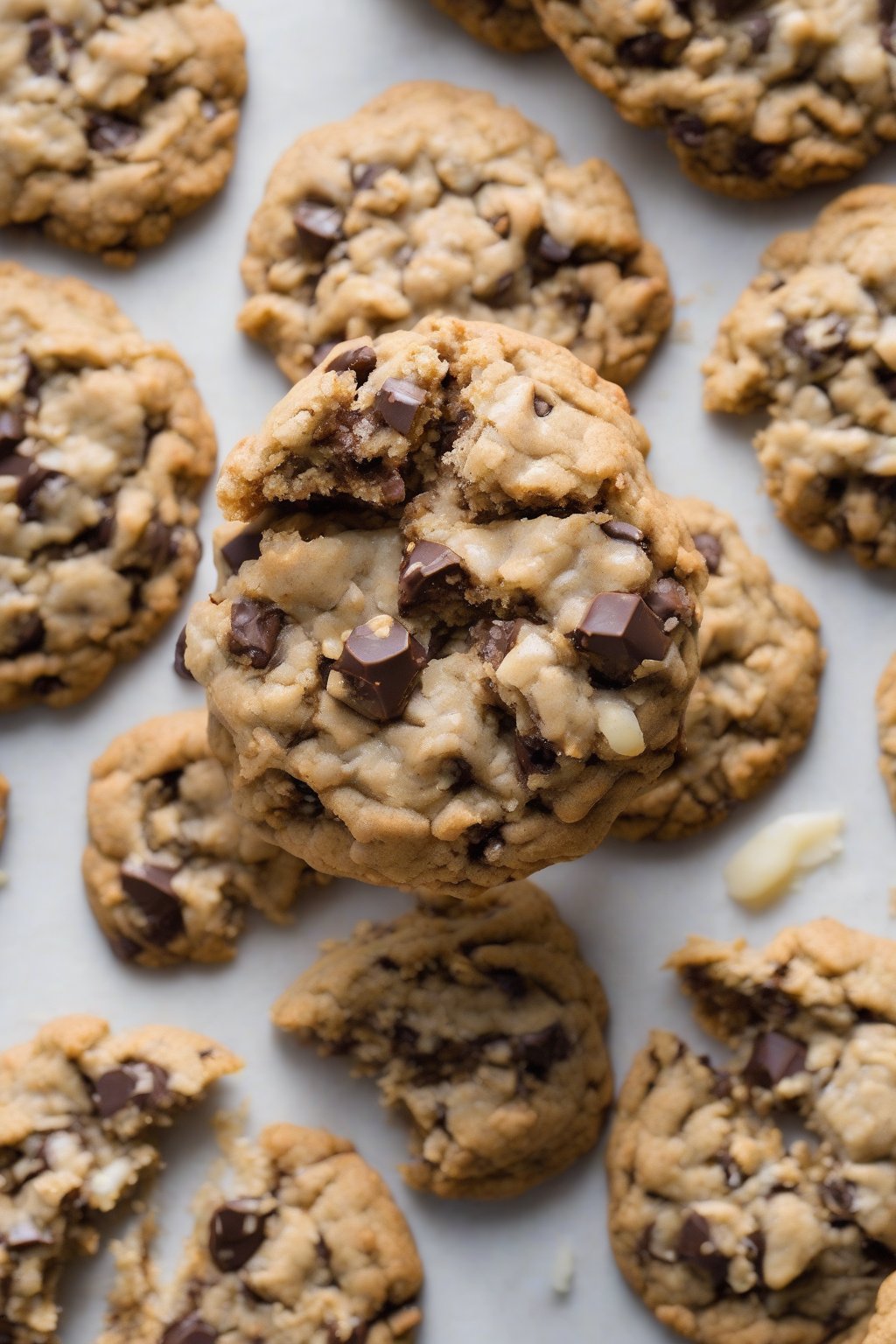 A high-resolution photo of Hazelnut Heaven Oatmeal Chocolate Chip Cookies, broken open to show chewy centers, under soft lighting.