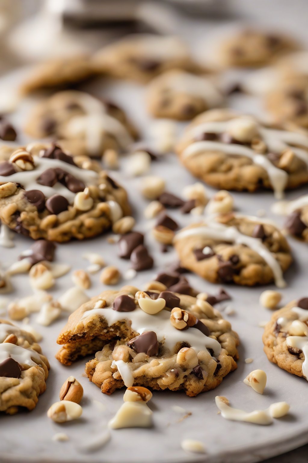 A close-up photo of Macadamia Madness Oatmeal Chocolate Chip Cookies with white chocolate drips and nut pieces, scattered on a plate, under soft lighting.