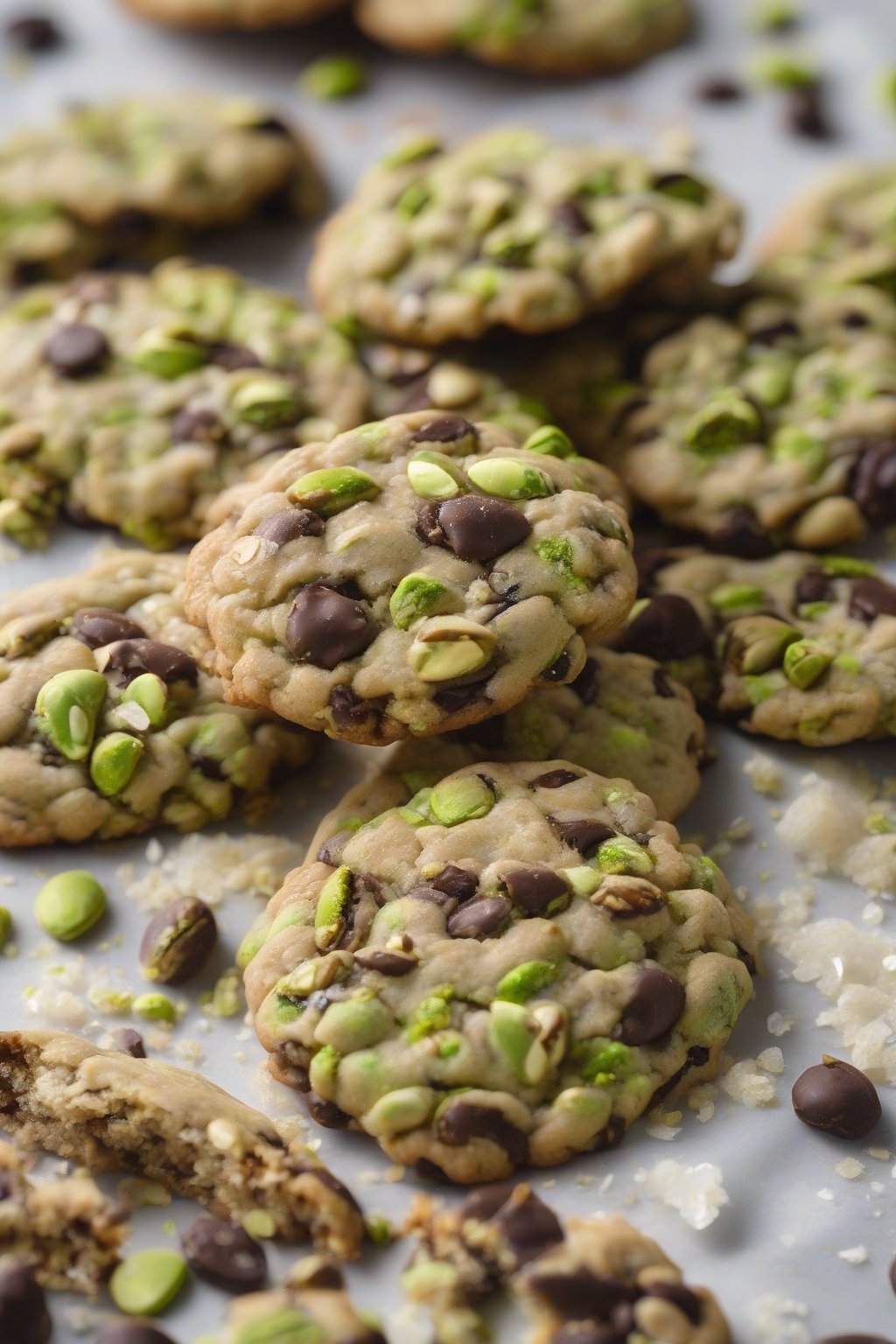 A high-resolution photo of Pistachio Paradise Oatmeal Chocolate Chip Cookies dusted with sea salt, pistachio flecks shining, under soft lighting.