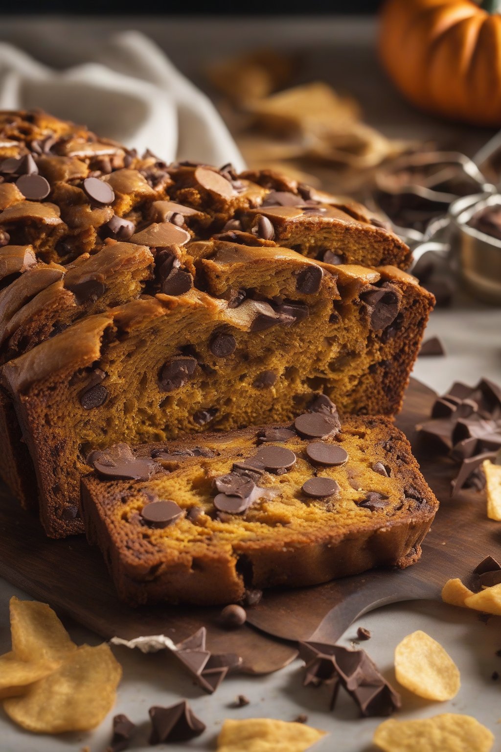 A high-resolution close-up photo of nutmeg chocolate chip pumpkin bread oozing chips from a fresh slice, under soft lighting.