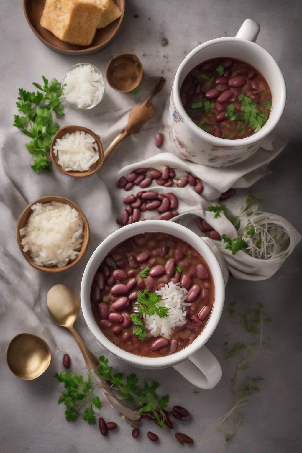 A high-resolution photo of red beans and rice soup in a mug, garnished with herbs and rice floating, under soft lighting.