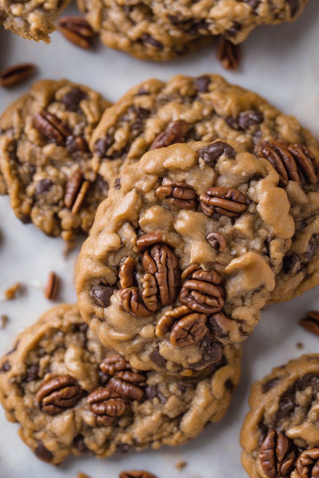 A close-up photo of Pecan Pie Oatmeal Chocolate Chip Cookies with caramelized edges and pecan swirls, under soft lighting.