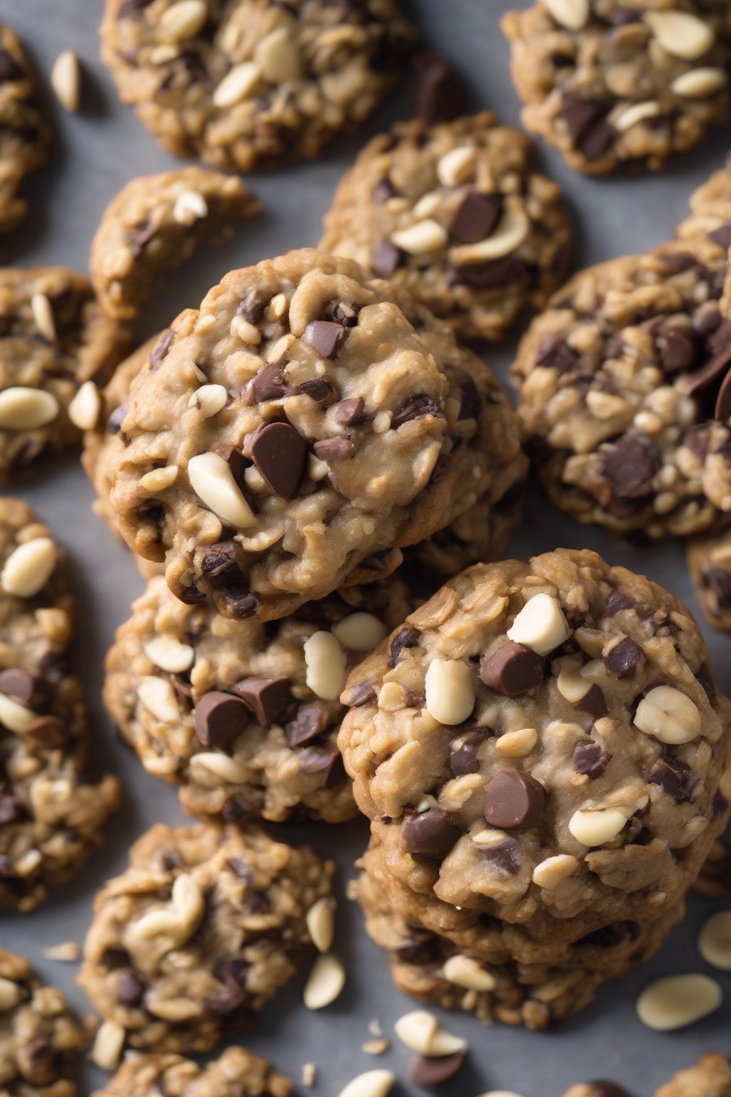 A high-resolution photo of Brazil Nut Boost Oatmeal Chocolate Chip Cookies, nuts prominently featured in a stack, under soft lighting.