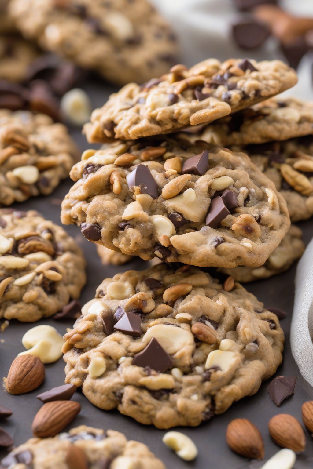 A close-up photo of Mixed Nut Medley Oatmeal Chocolate Chip Cookies overflowing with assorted nuts and chips, under soft lighting.