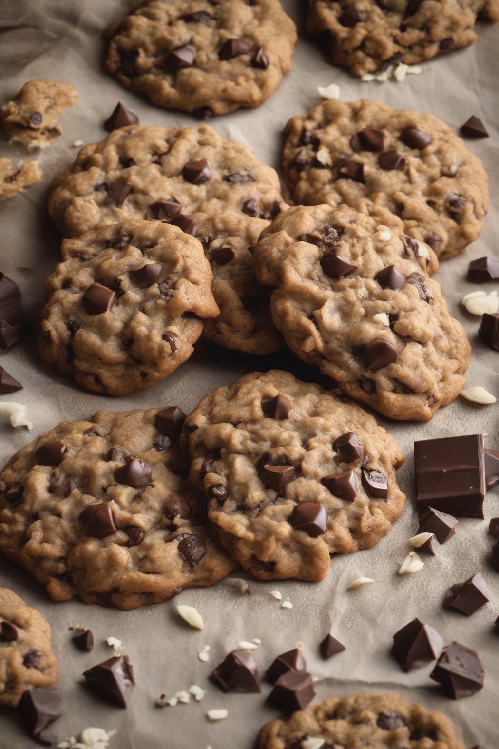 A high-resolution photo of Chestnut Dream Oatmeal Chocolate Chip Cookies with soft chestnut pieces and melty chocolate, on a rustic table, under soft lighting.