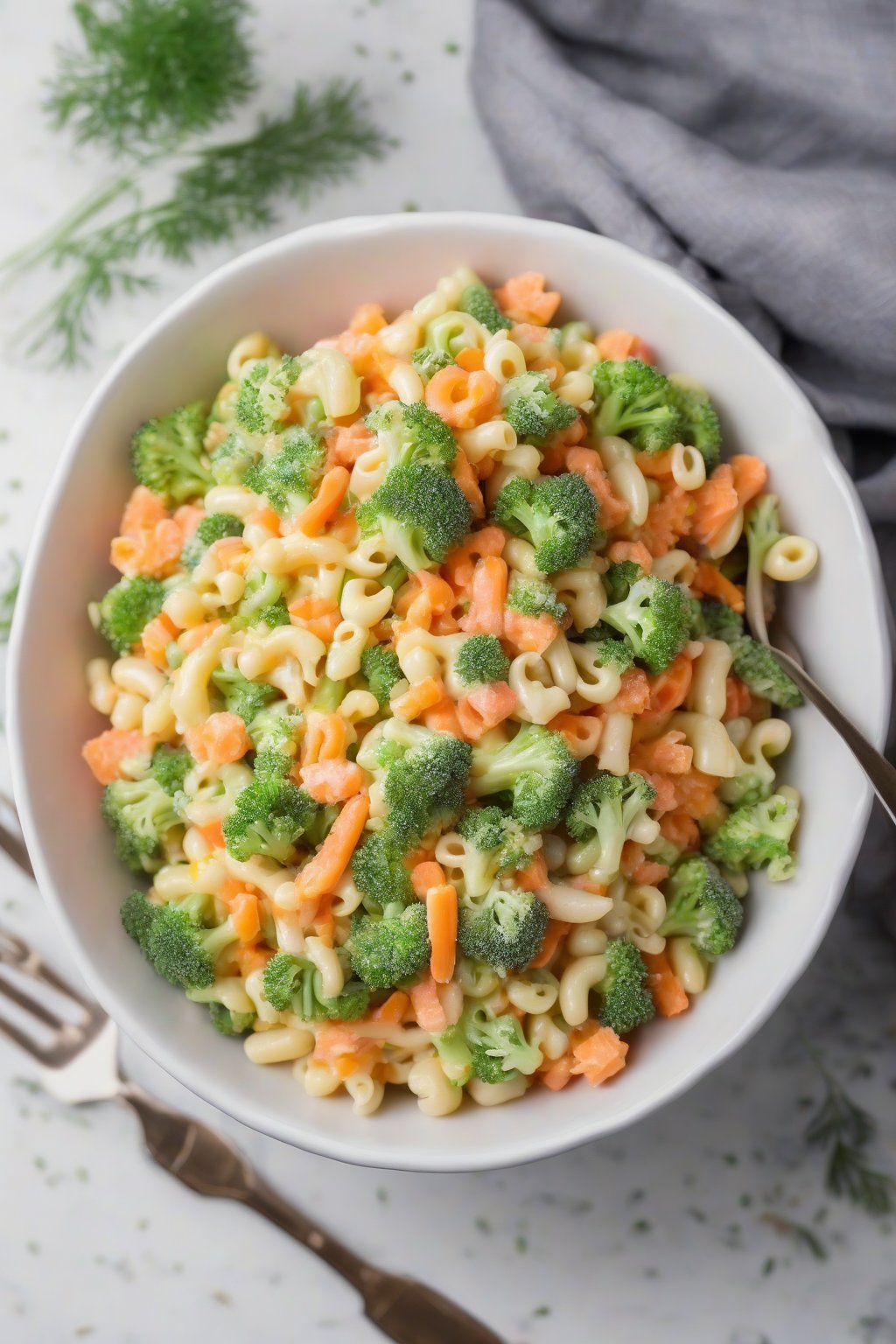 A high-resolution photo of crunchy broccoli and carrot macaroni salad in a white bowl, garnished with dill, under soft lighting.