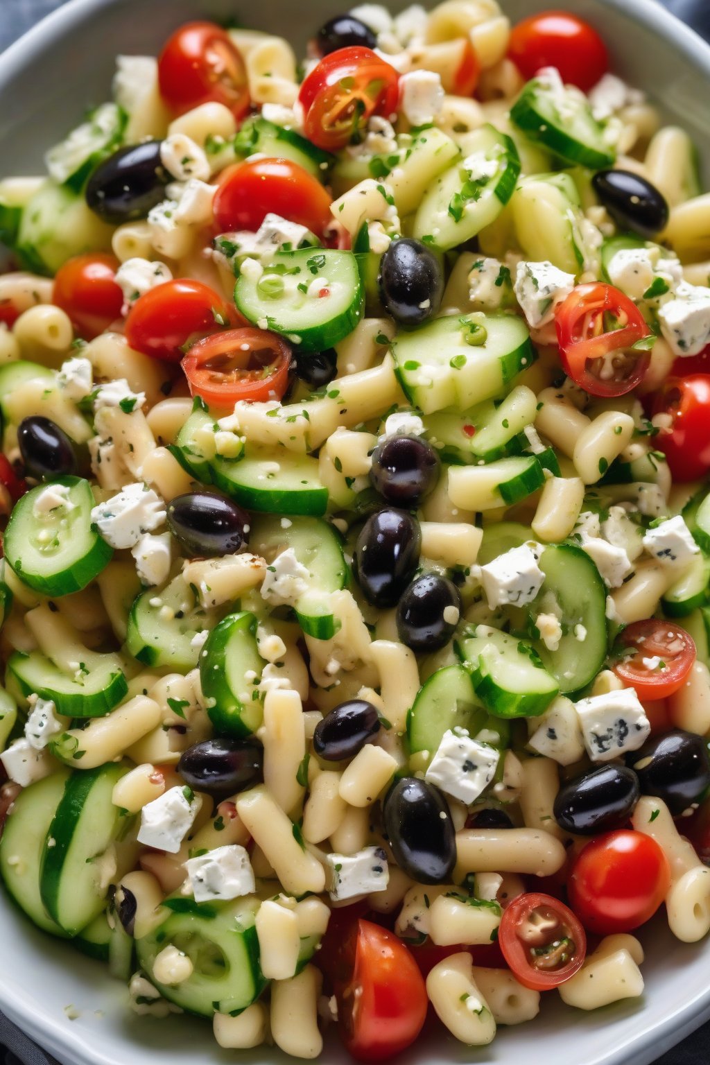 A high-resolution photo of Greek cucumber and feta macaroni salad topped with olives and tomatoes, under soft lighting.
