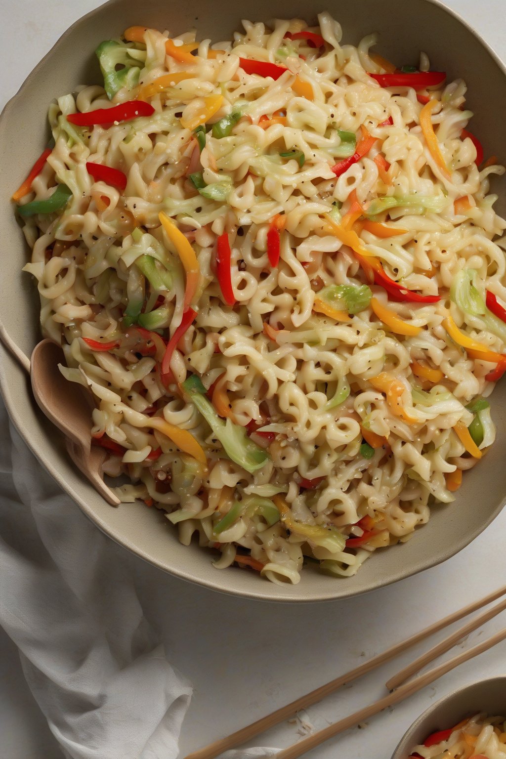 A high-resolution photo of Asian sesame cabbage macaroni slaw with bell peppers, under soft lighting.
