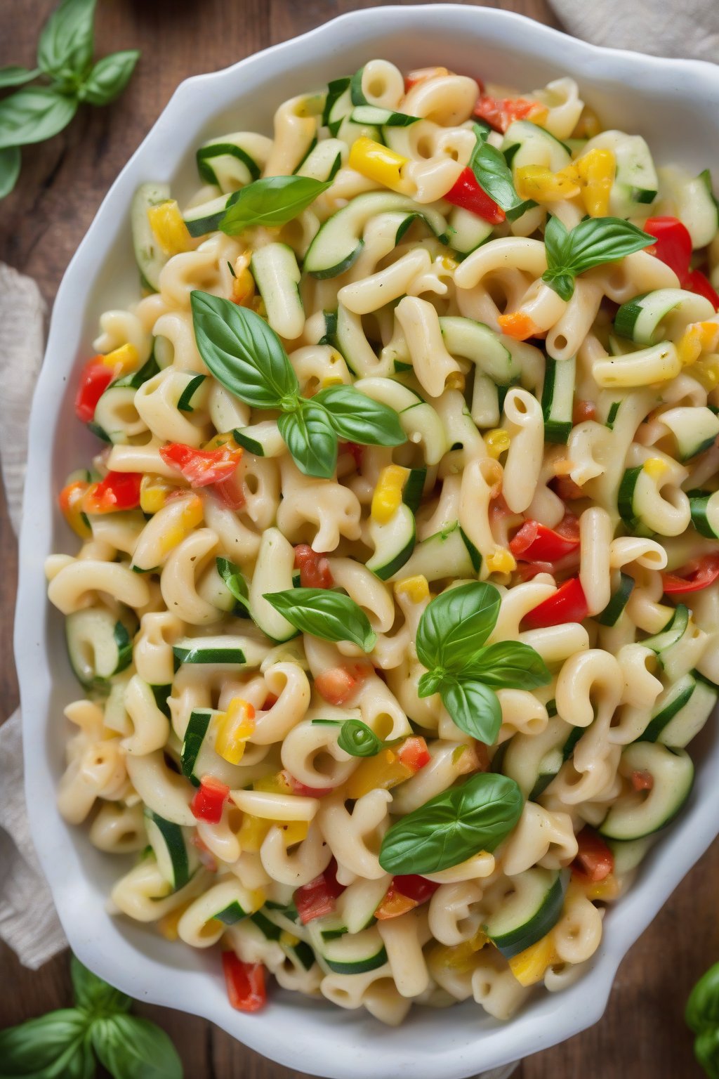 A high-resolution photo of Italian zucchini and pepper macaroni salad with basil leaves, under soft lighting.