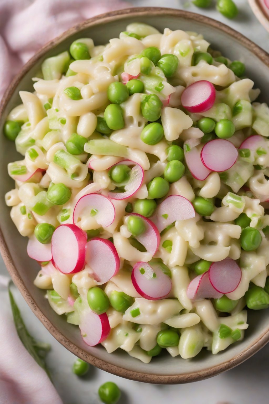 A high-resolution photo of garden pea and celery macaroni salad with radish slices, under soft lighting.