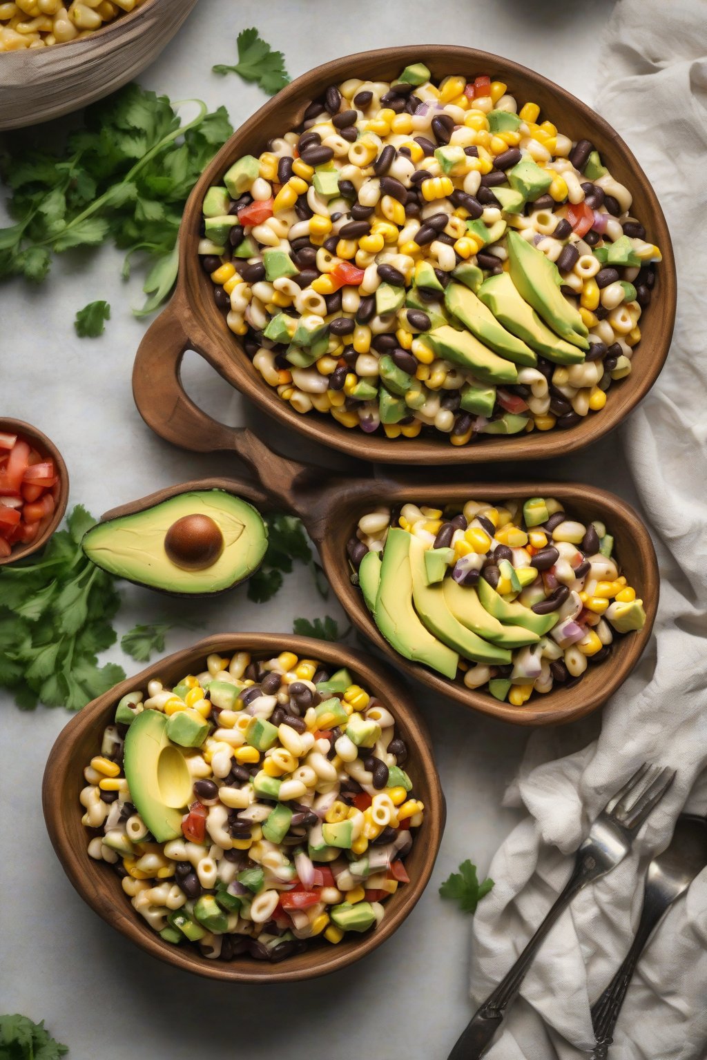 A high-resolution photo of Southwestern corn and black bean macaroni salad topped with avocado, under soft lighting.