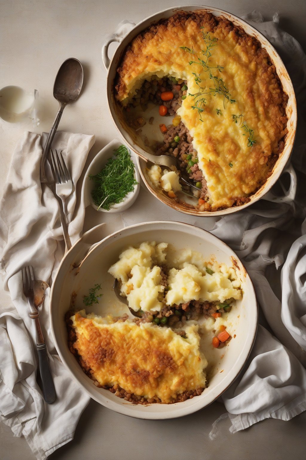A high-resolution photo of a golden-crusted traditional shepherd's pie, sliced to reveal layers of lamb and veggies beneath fluffy mashed potatoes, under soft lighting.