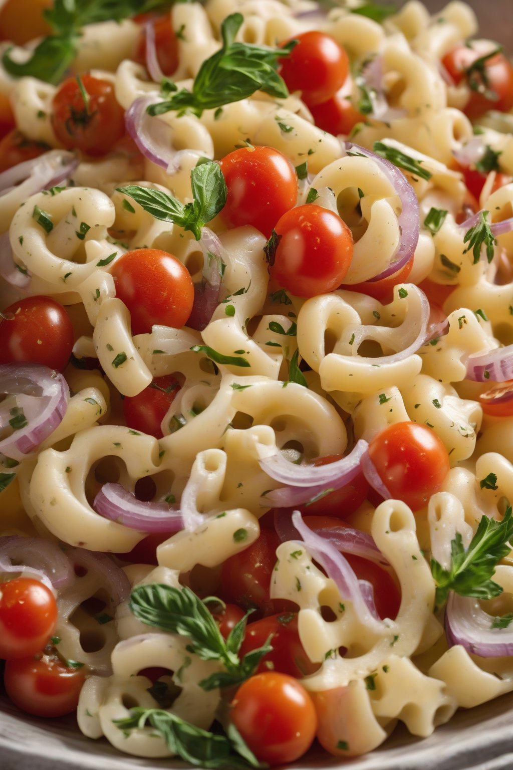 A high-resolution photo of herbed cherry tomato and onion macaroni salad, under soft lighting.