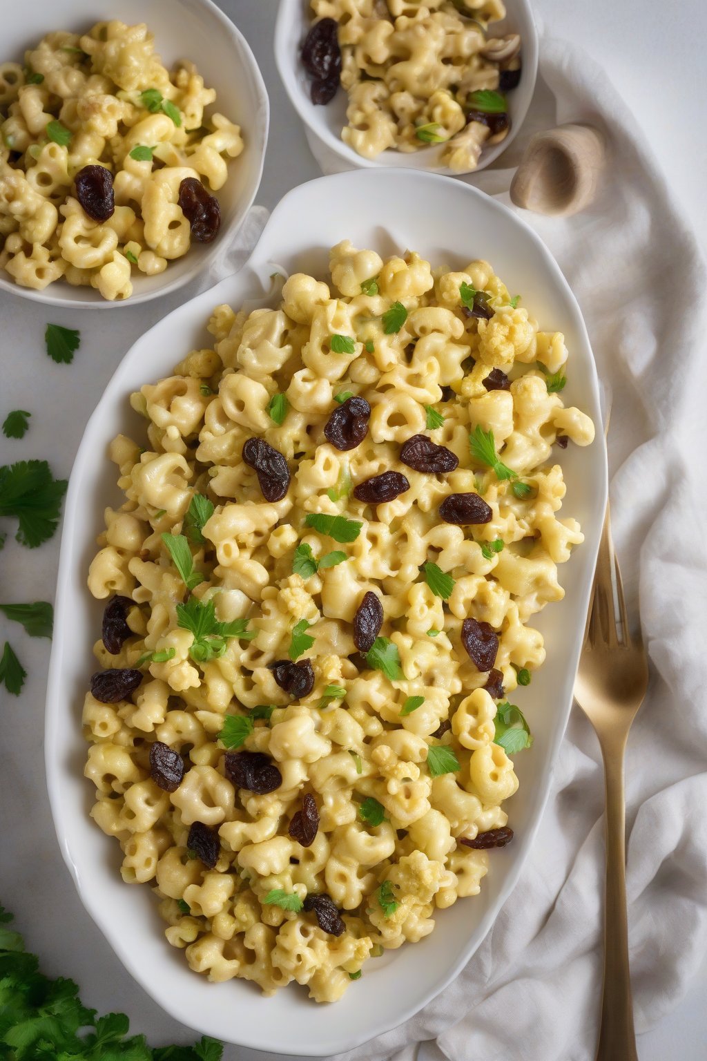 A high-resolution photo of curry cauliflower macaroni salad with raisins, under soft lighting.