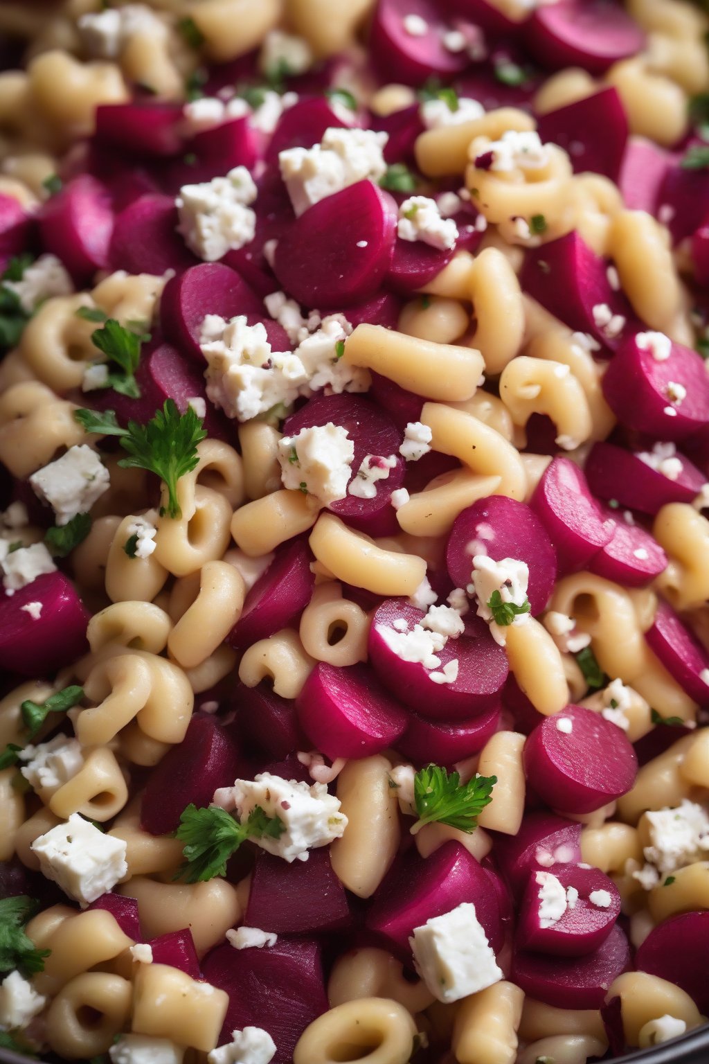 A high-resolution photo of tangy beet and radish macaroni salad with feta crumbles, under soft lighting.