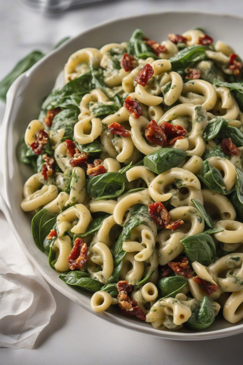 A high-resolution photo of pesto spinach and sun-dried tomato macaroni salad, under soft lighting.