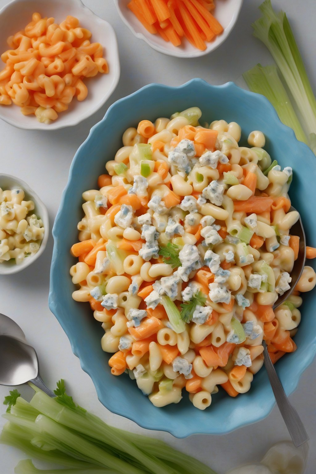 A high-resolution photo of buffalo celery and carrot macaroni salad with blue cheese, under soft lighting.