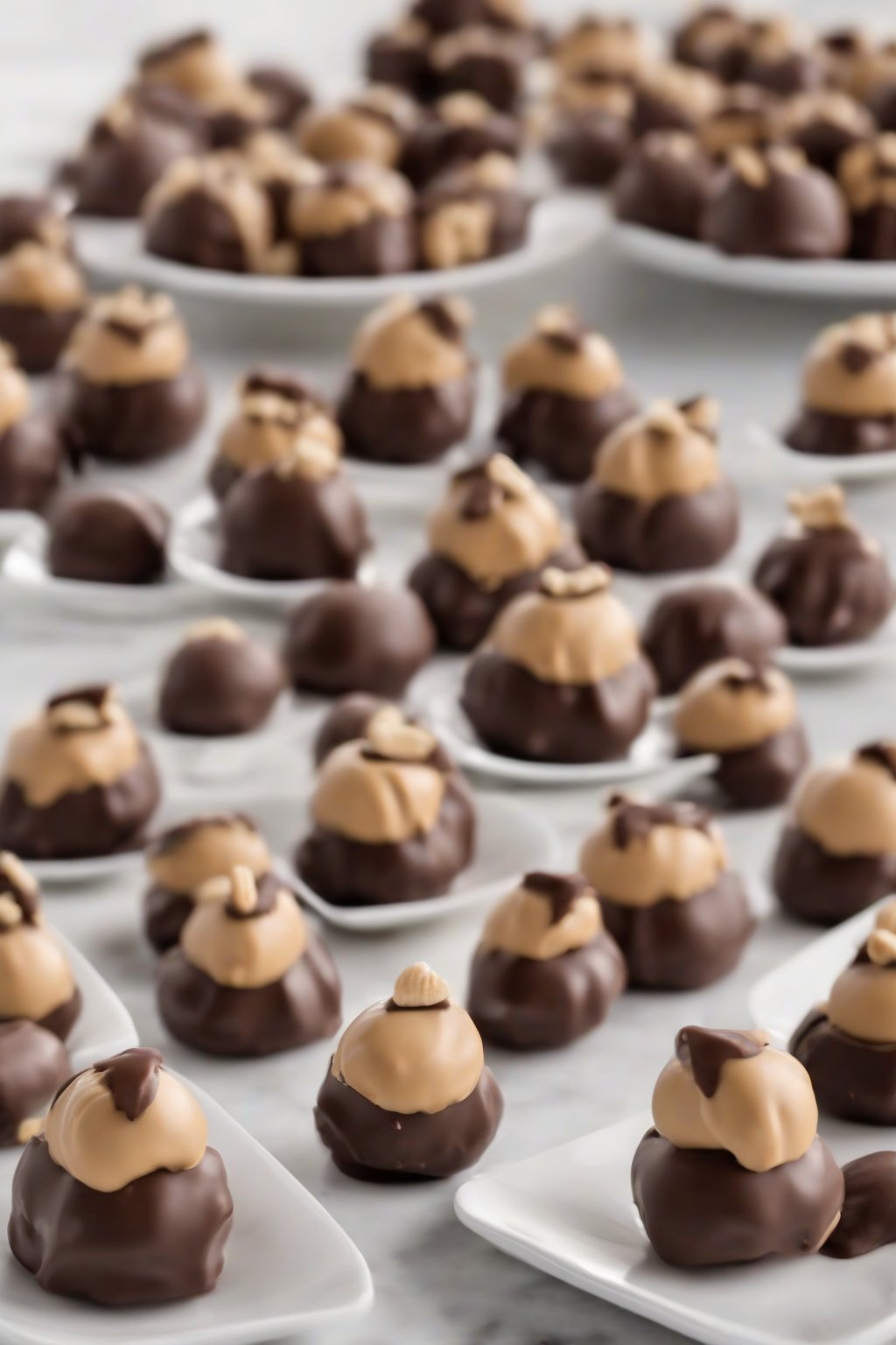A high-resolution photo of classic peanut butter buckeyes on a white plate, chocolate-dipped with creamy centers exposed, under soft lighting.