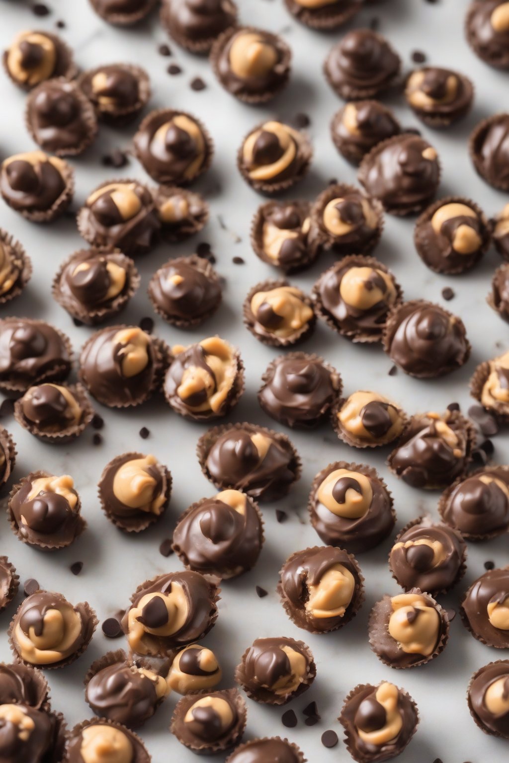 A high-resolution photo of chocolate chip peanut butter buckeyes, glistening chocolate shells revealing chip-studded centers, under soft lighting.
