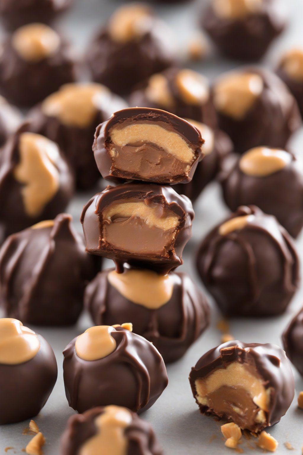 A high-resolution photo of Reese's-stuffed peanut butter buckeyes, chocolate-coated with a peanut butter peek, under soft lighting.
