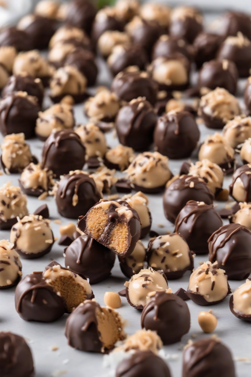 A high-resolution photo of coconut peanut butter buckeyes, chocolate-dipped with coconut flecks on top, under soft lighting.