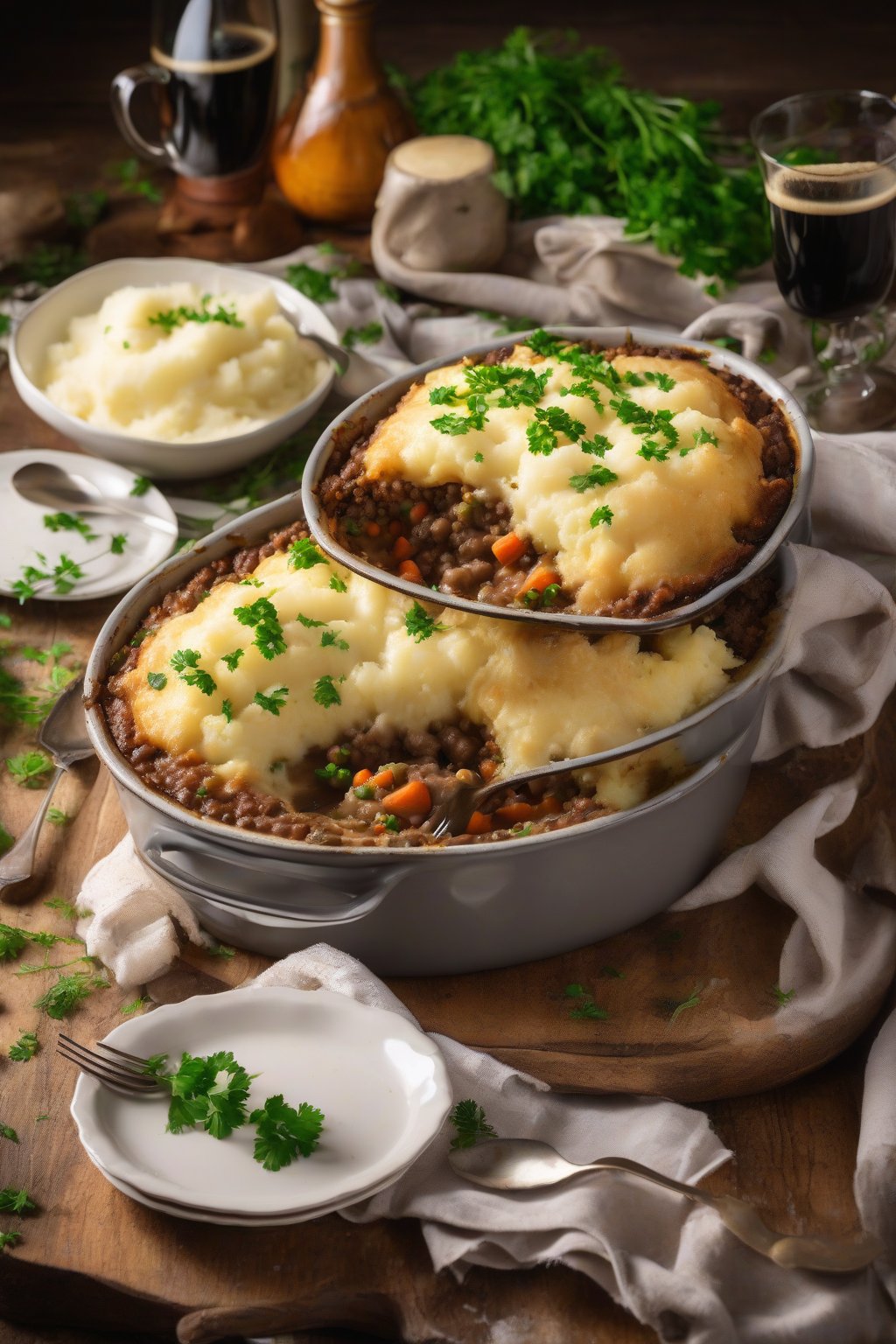 A high-resolution photo of Irish shepherd's pie with Guinness gravy bubbling under a mashed potato topping, garnished with parsley, under soft lighting.