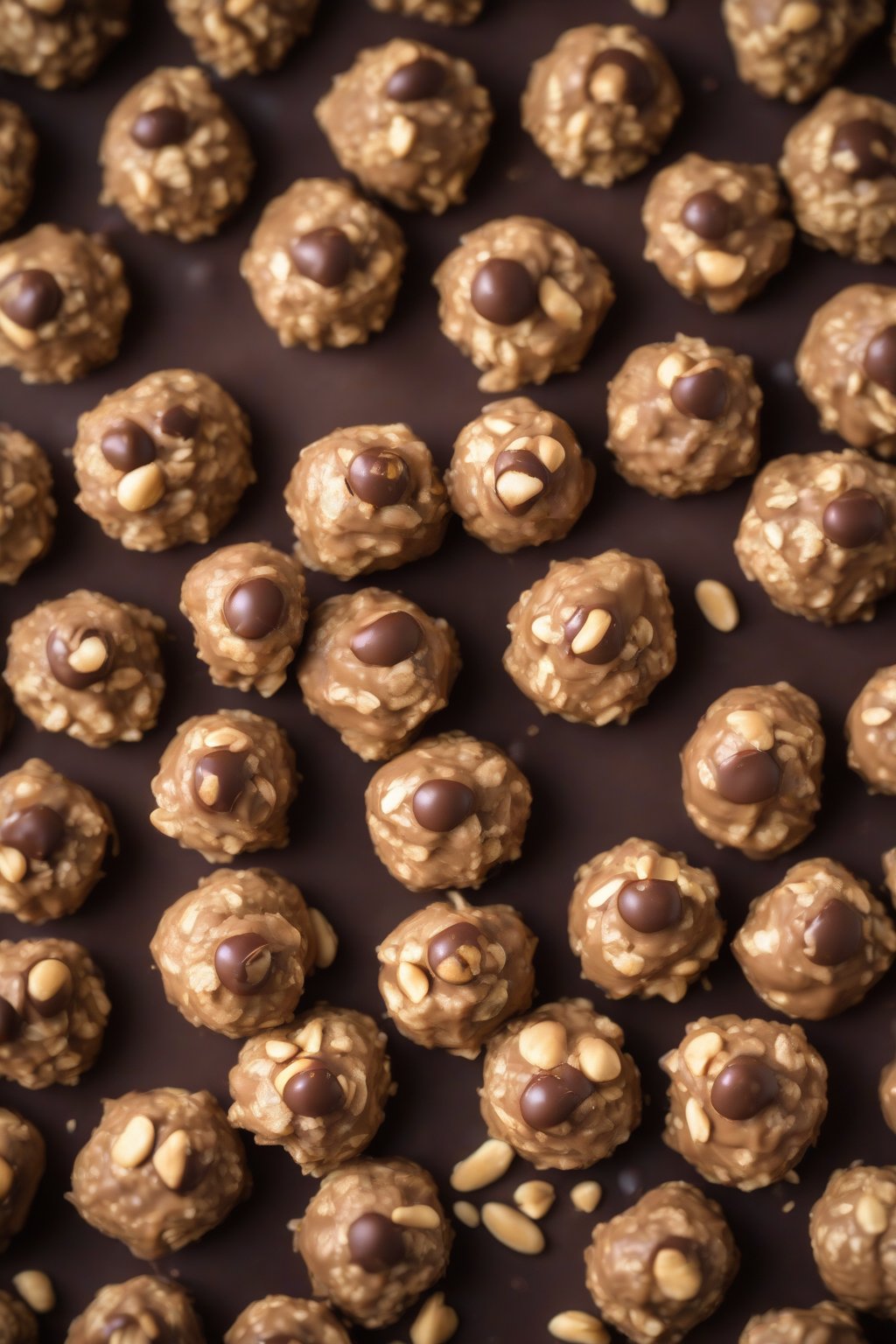 A high-resolution photo of oatmeal peanut butter buckeyes, rugged oat texture peeking from chocolate coating, under soft lighting.