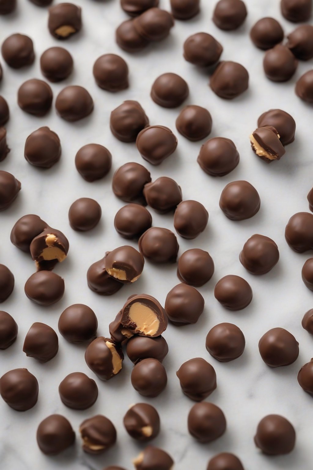 A high-resolution photo of vegan peanut butter buckeyes, shiny plant-based chocolate shell over smooth centers, under soft lighting.