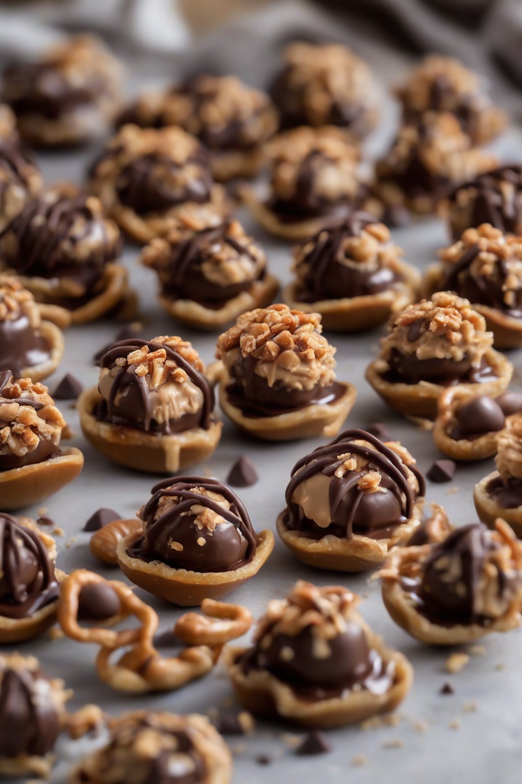 A high-resolution photo of pretzel-crusted peanut butter buckeyes, chocolate base with salty pretzel top, under soft lighting.