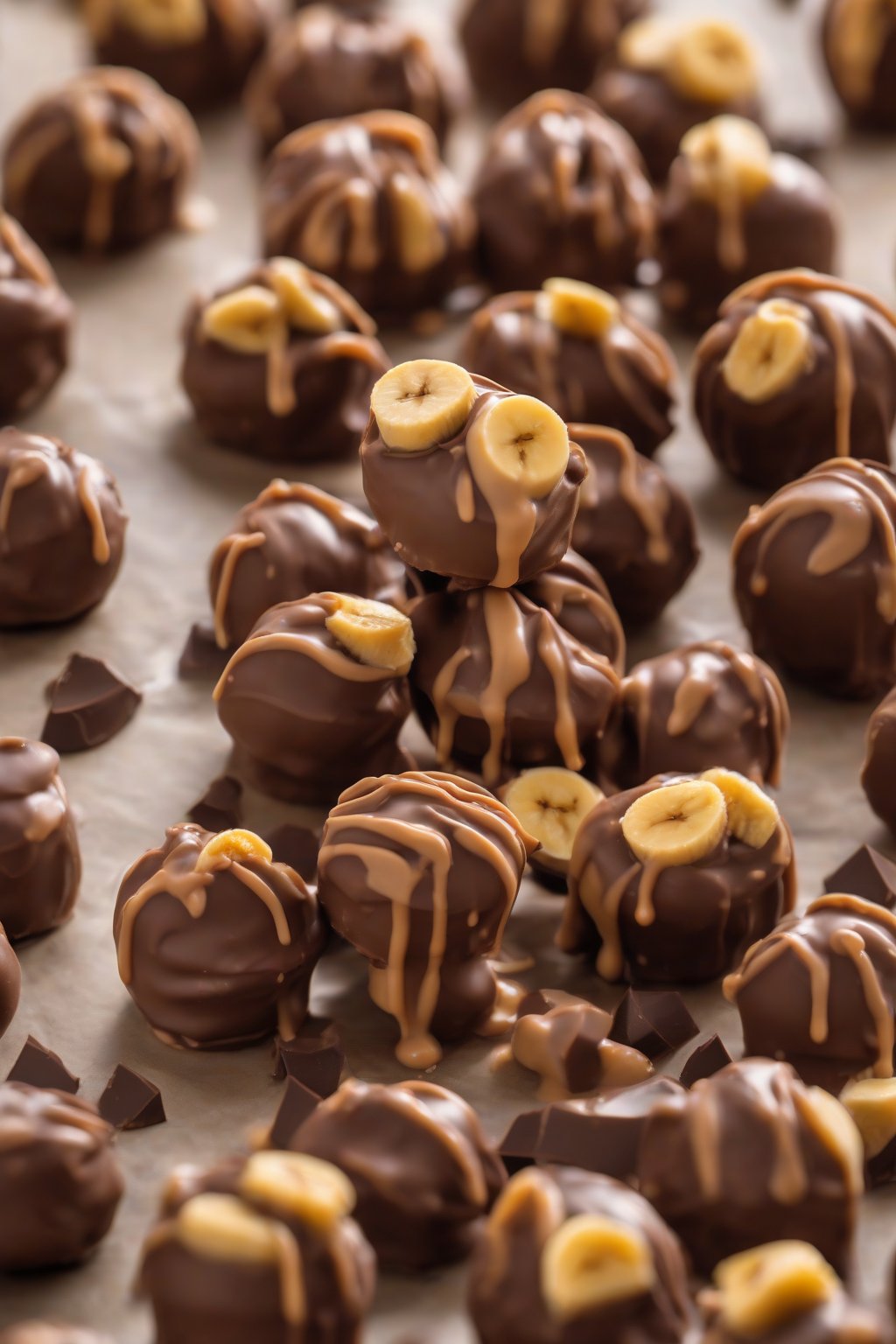 A high-resolution photo of banana-infused peanut butter buckeyes, golden chocolate with a fruity sheen, under soft lighting.