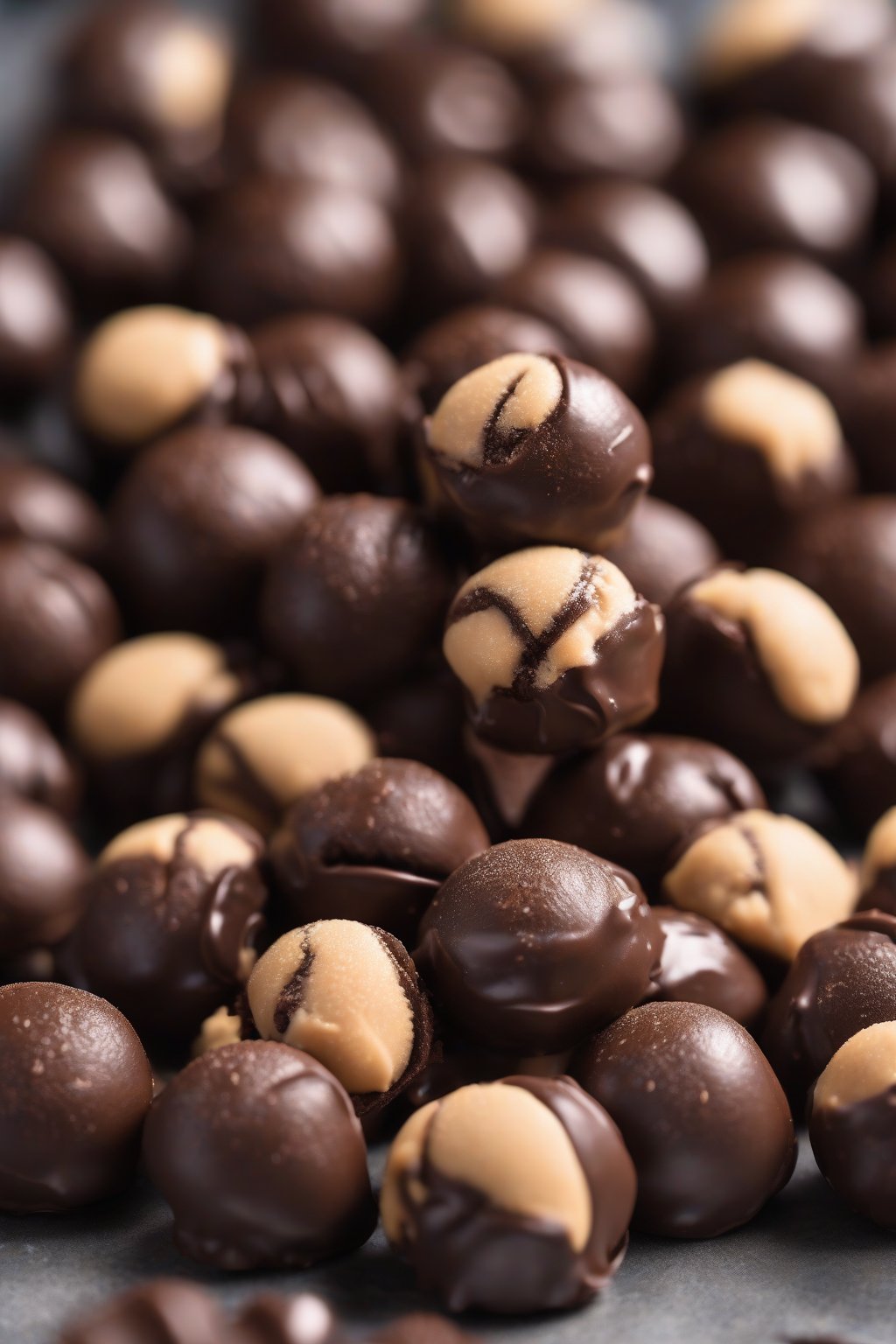 A high-resolution photo of coffee peanut butter buckeyes, dark glossy chocolate with a subtle powder dusting, under soft lighting.