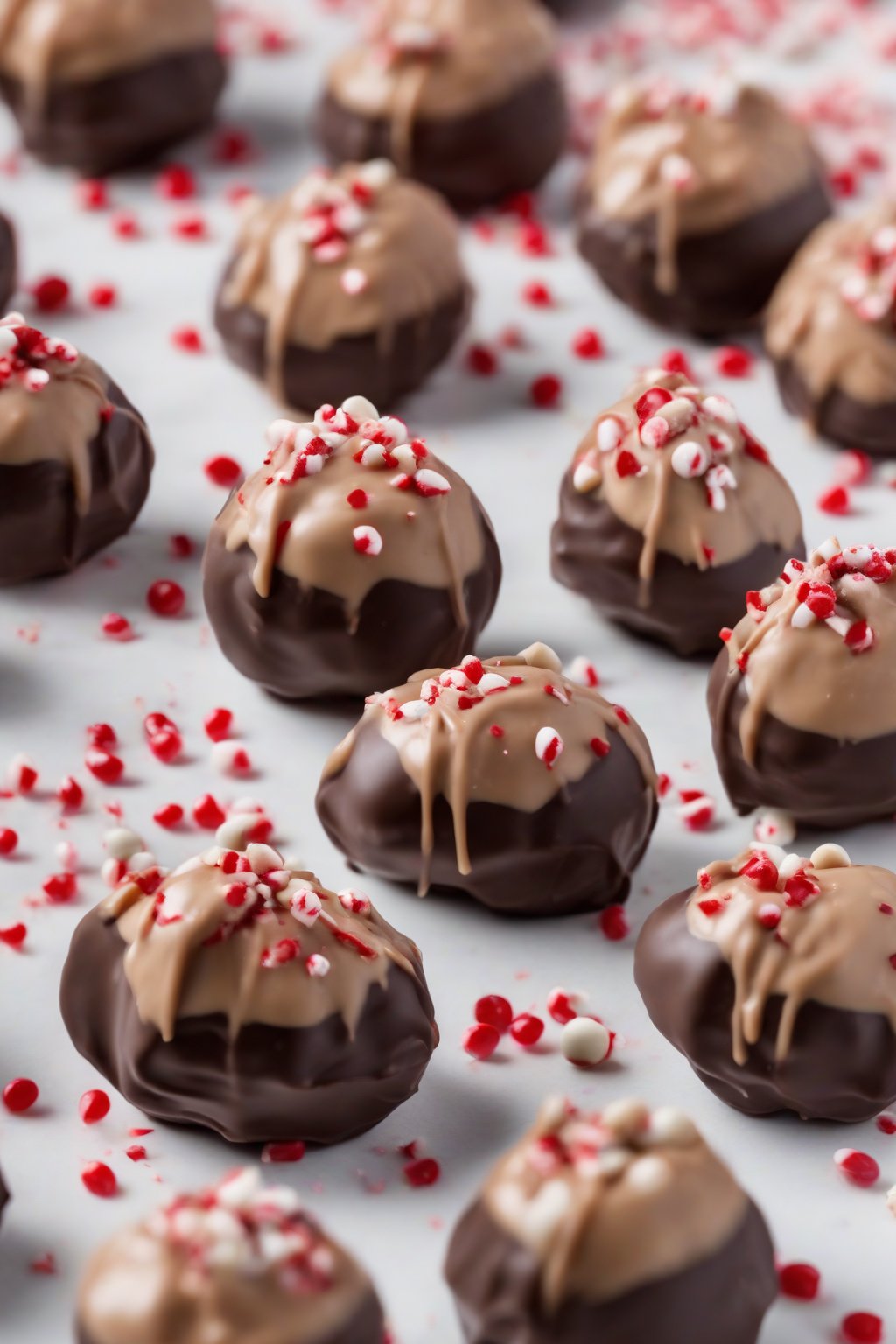 A high-resolution photo of peppermint peanut butter buckeyes, chocolate-dipped with red-and-white candy flecks, under soft lighting.