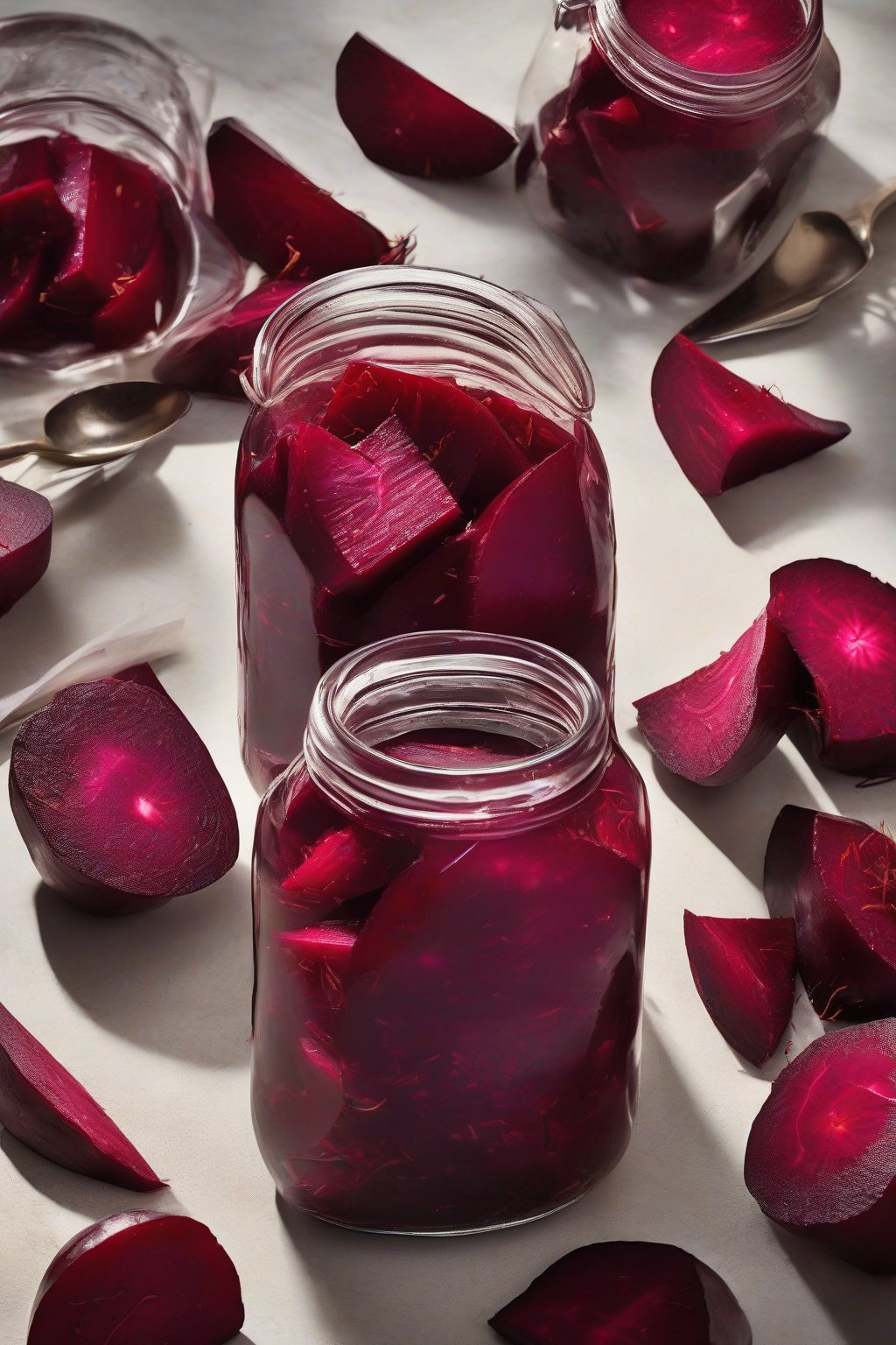 A high-resolution photo of vibrant red clove-spiked pickled beets in a glass jar, slices glowing under soft lighting.