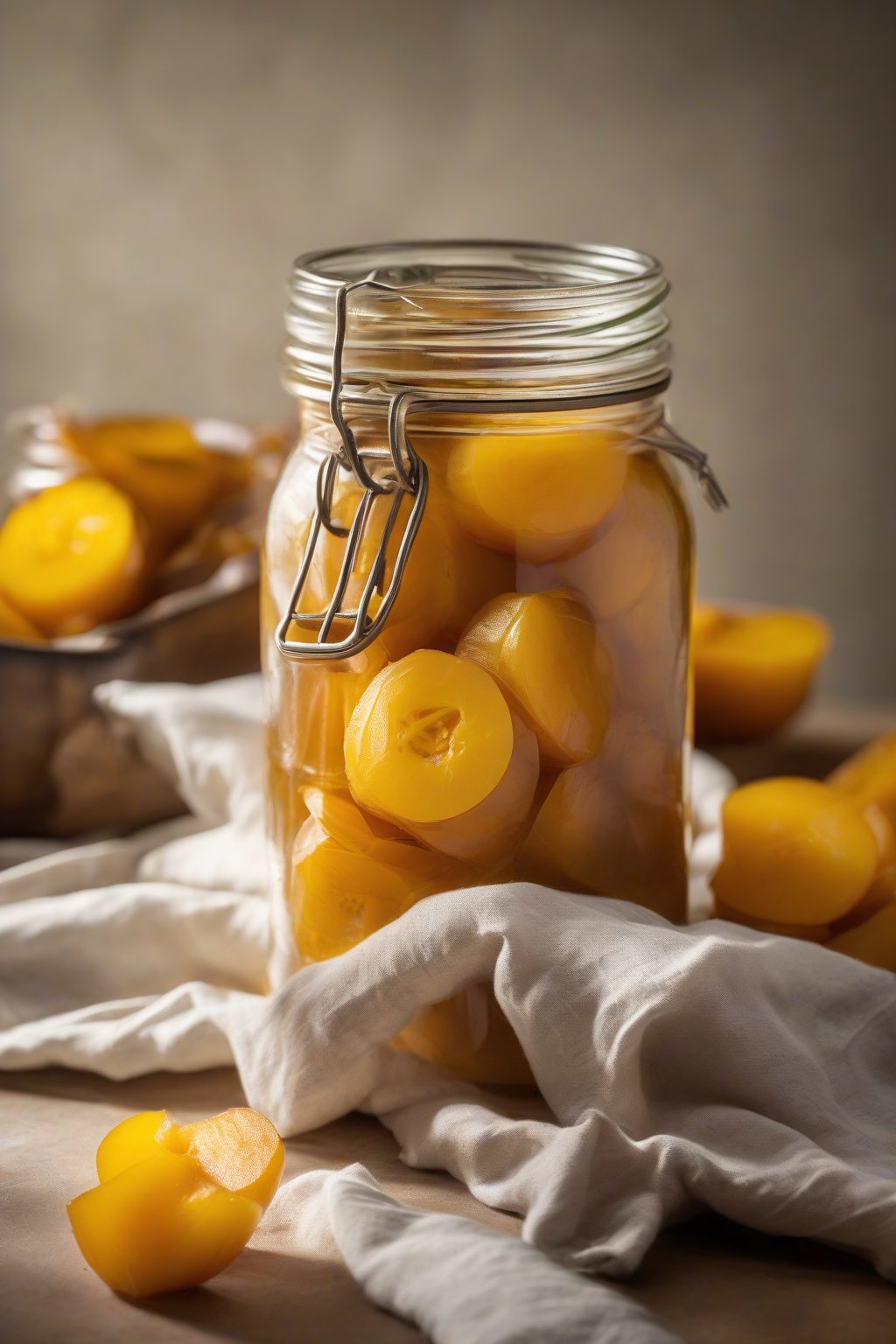 A high-resolution photo of golden pickled beets with ginger slices in a jar, warmly lit under soft lighting.