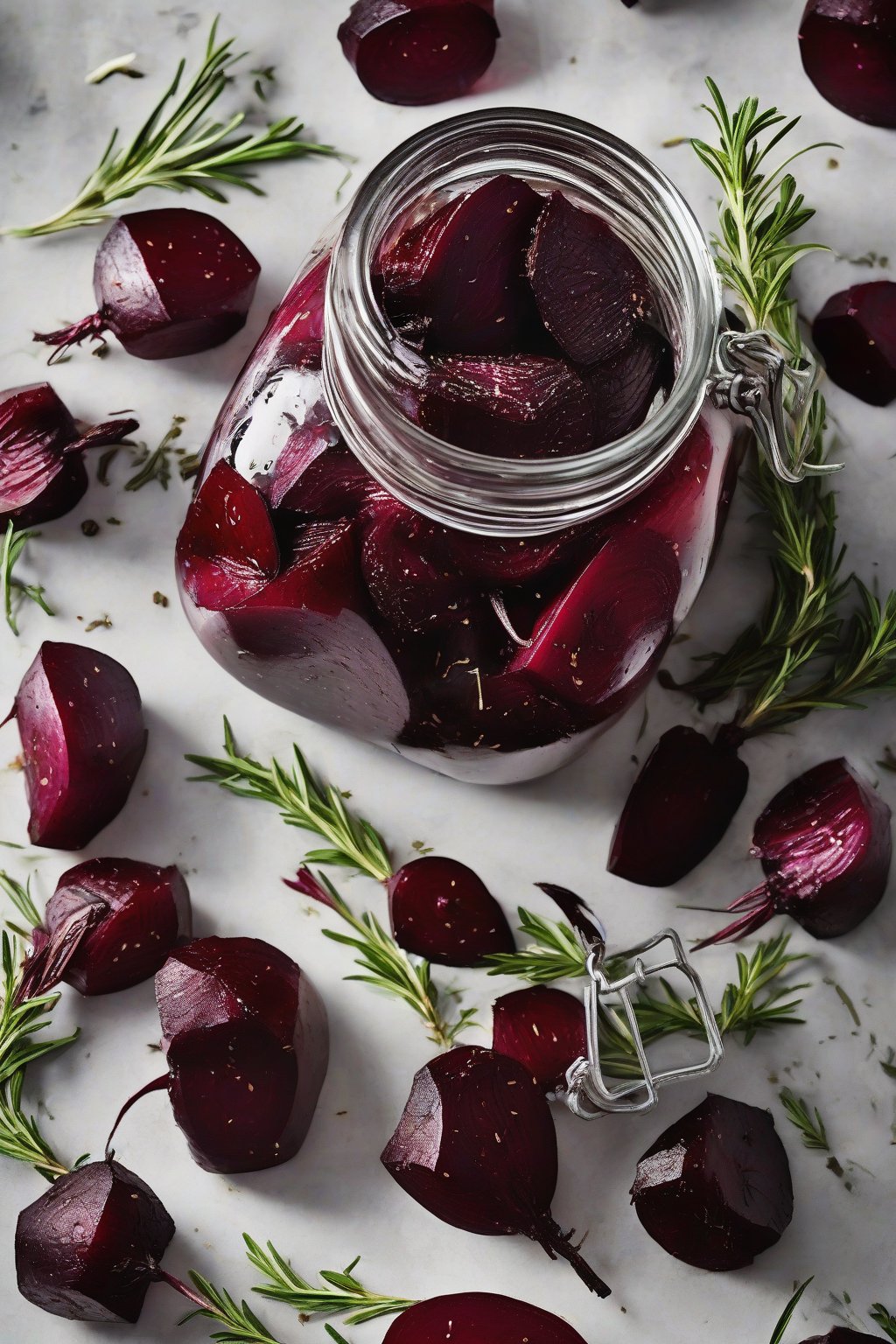 A high-resolution photo of rosemary-flecked roasted pickled beets in a jar, aromatic herbs visible under soft lighting.