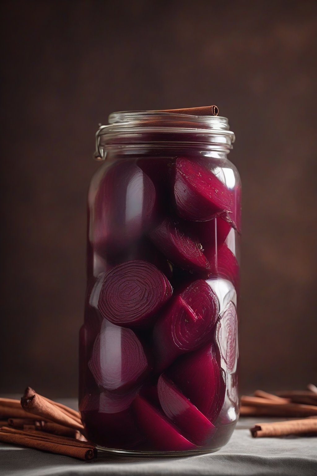 A high-resolution photo of whole baby pickled beets with cinnamon sticks in a jar, cozy under soft lighting.